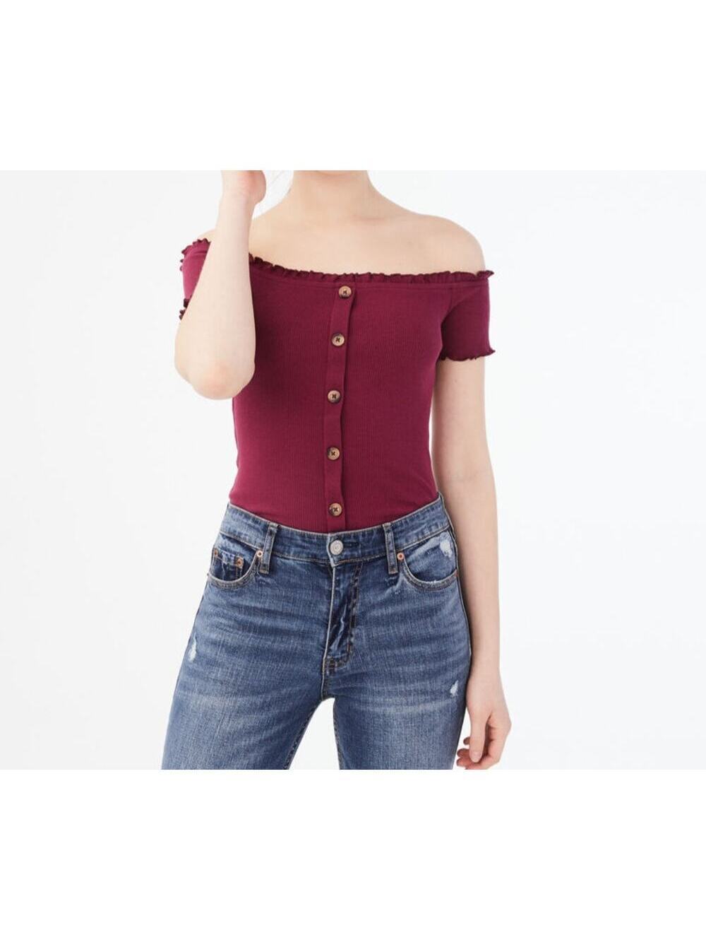 Aero Seriously Soft Buttoned Off-Shoulder Burgundy Red Short Sleeve Top Size XL